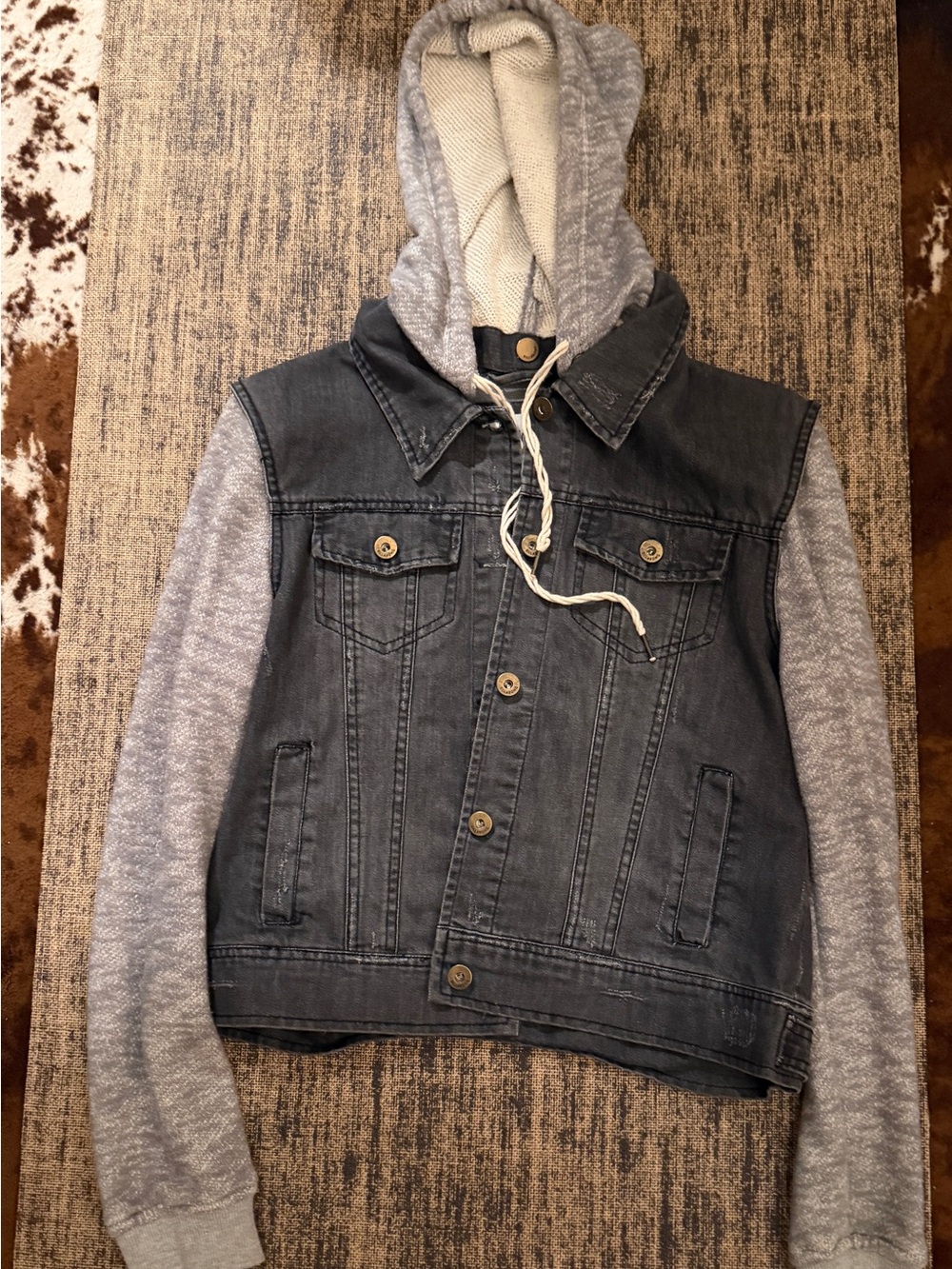 Women’s Hooded Denim Jacket with Knit Sleeves - Gray Medium